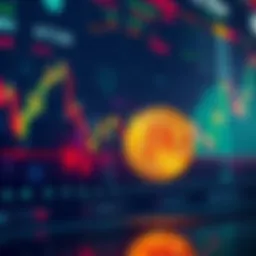 A graph showing Bitcoin's price falling, with a background of currency symbols and charts, indicating market volatility.