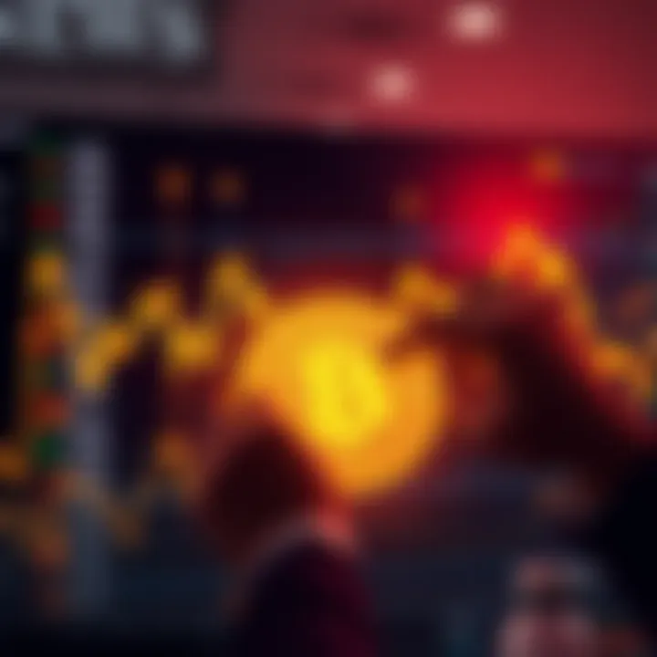 A chart showing Bitcoin prices dropping with anxious investors in the background