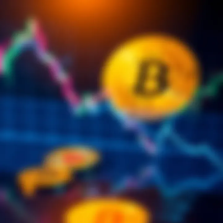A digital graphic showing a downward trend in Bitcoin prices with a graphic representation of Bitcoin coins and a bullish market symbol in the background.