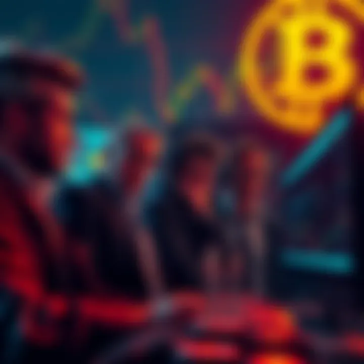 A worried group of Bitcoin investors looking at falling charts and graphs on their screens, showing concern over the recent price drop.