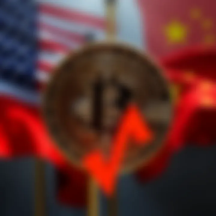 Bitcoin logo with a downward trend arrow and U.S.-China flags in the background