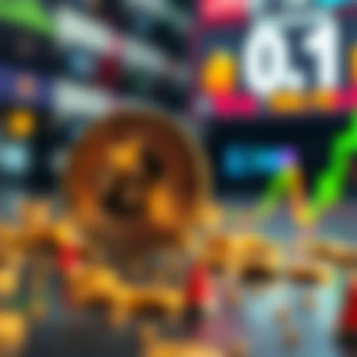 A digital representation of Bitcoin with a downward trend graph, symbolizing a price drop to 0.1 cent.