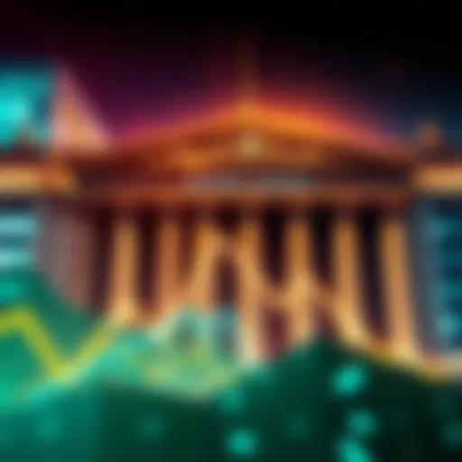 A visual representation of Bitcoin's price drop with a downward trend line and bank buildings in the background.