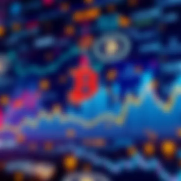 A graph showing a decline in Bitcoin's price with a backdrop of financial symbols