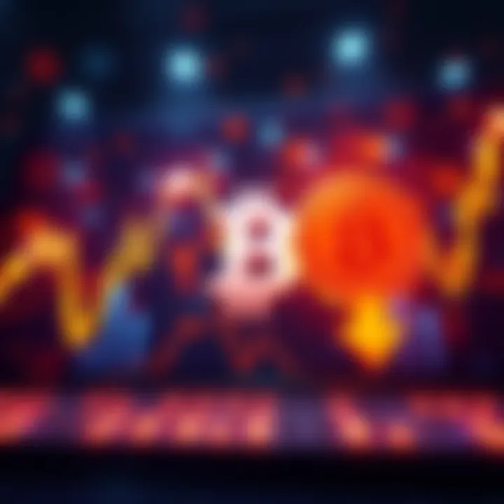 A graphic showing fluctuating Bitcoin prices with upward and downward arrows, symbolizing market uncertainty.