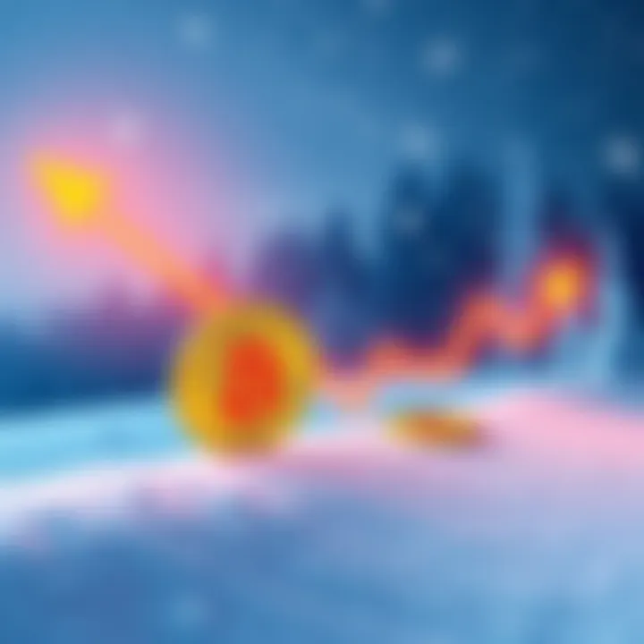 A graphic showing Bitcoin symbols with bright arrows indicating price movement, contrasting against a cold winter background