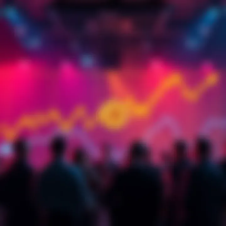 A graph showing fluctuating Bitcoin prices with arrows indicating potential drop and rise, surrounded by investors discussing