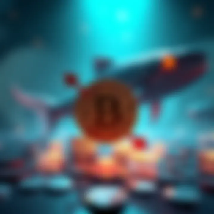 A graphic showing Bitcoin symbol with arrows indicating no price movement, against a backdrop of large fish symbols representing whale investors.