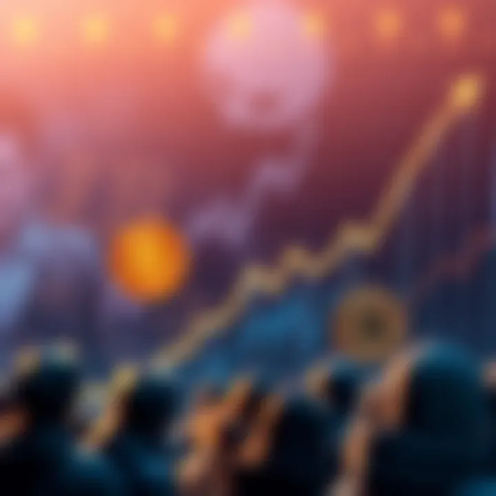 Graphic showing Bitcoin price with upward trend and people selling their holdings, indicating profit-taking