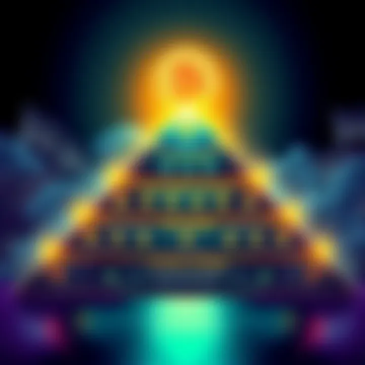 A diagram showing the structure of a pyramid scheme with Bitcoin at the top, illustrating recruitment layers below