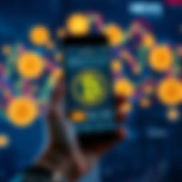 A person holding a smartphone with a Bitcoin quiz on the screen, surrounded by Bitcoin symbols and charts