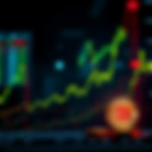 A cryptocurrency chart showing Bitcoin's slow growth compared to rising stocks, with worried investors in the background looking concerned.