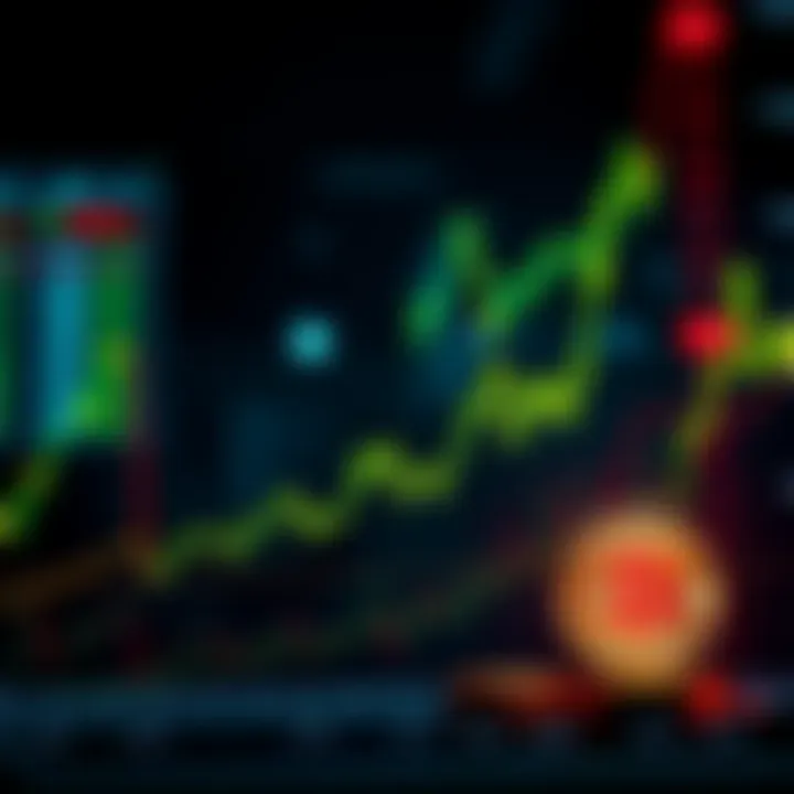 A cryptocurrency chart showing Bitcoin's slow growth compared to rising stocks, with worried investors in the background looking concerned.