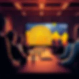 A group of scholars discussing Bitcoin research at a workshop with a large screen displaying Bitcoin graphics.