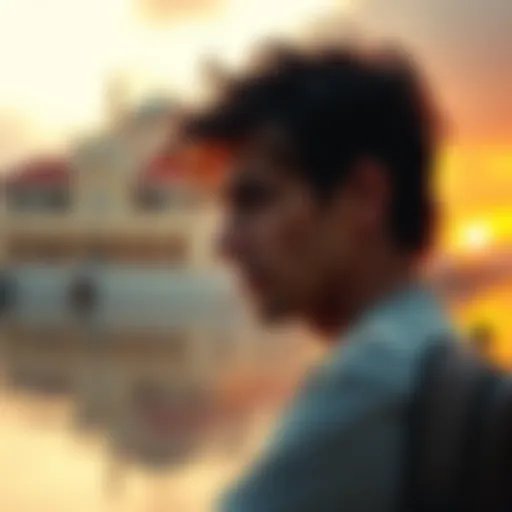 A person looking at a Bitcoin symbol while considering retirement options, with a peaceful background suggesting financial freedom.