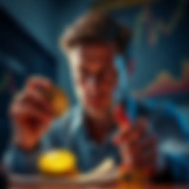 A person looking concerned while holding Bitcoin coins, with a retirement planner and charts in the background.