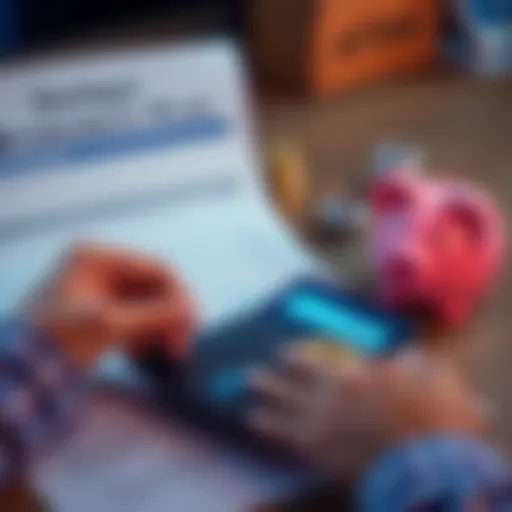 A person evaluating Bitcoin savings on a calculator with a retirement plan document and a piggy bank in the background