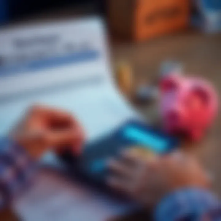 A person evaluating Bitcoin savings on a calculator with a retirement plan document and a piggy bank in the background