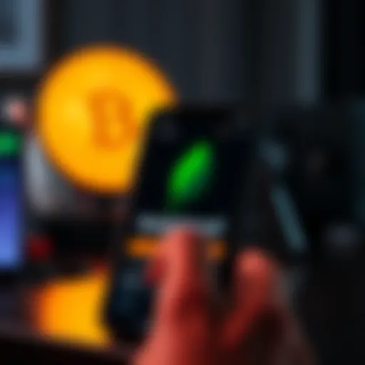 A smartphone showing the Robinhood app with Bitcoin displayed on the screen.
