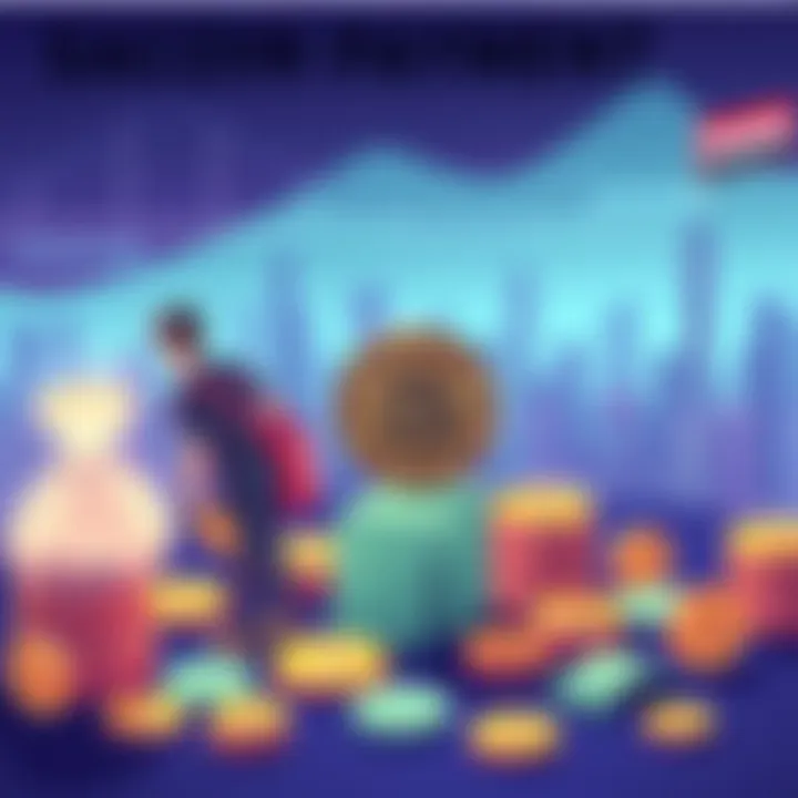 A digital illustration showing workers receiving salaries in Bitcoin, with stacks of coins and a currency symbol. A backdrop of a city skyline hints at economic activity.