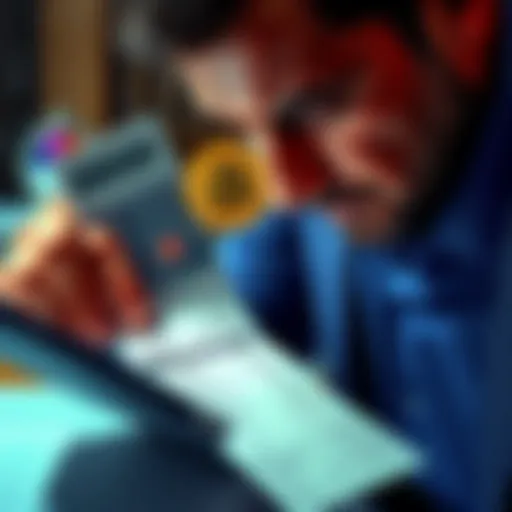 A person looking at a Bitcoin sale receipt with a calculator and tax form, showing a significant capital gains tax deduction