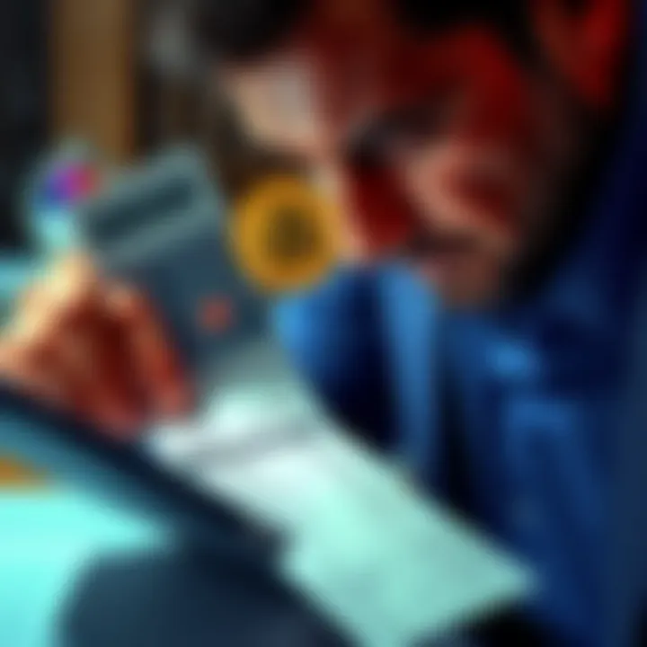A person looking at a Bitcoin sale receipt with a calculator and tax form, showing a significant capital gains tax deduction