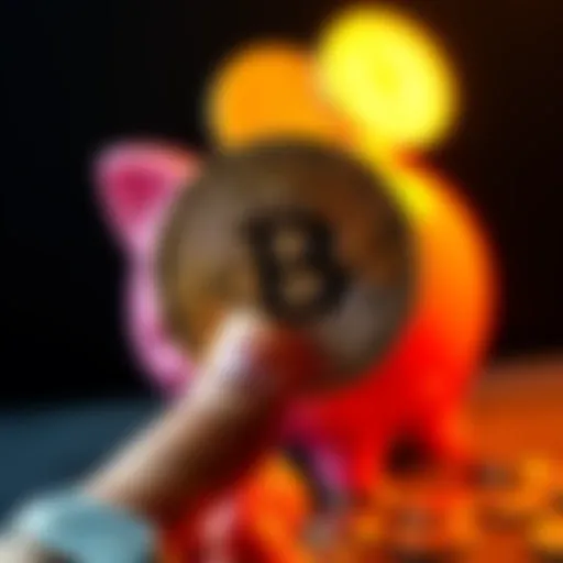 A person holding a Bitcoin with a piggy bank in the background, symbolizing savings