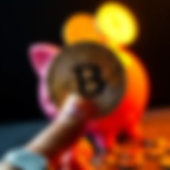 A person holding a Bitcoin with a piggy bank in the background, symbolizing savings