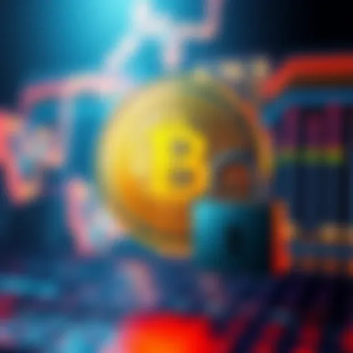 A graphic showing a Bitcoin symbol with a lock and warning sign, representing security concerns and risks of a 51% attack.