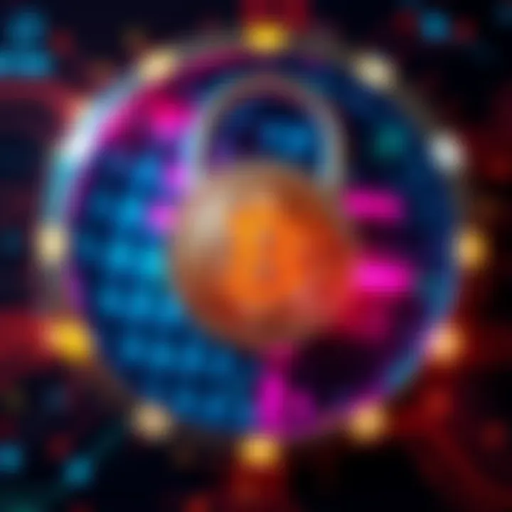 A Bitcoin symbol surrounded by a digital lock, representing security concerns about the cryptocurrency.
