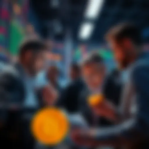 A group of traders looking at charts and Bitcoin prices, discussing market strategies.