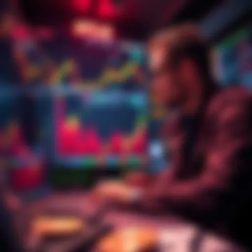 A trader analyzing Bitcoin market trends on a digital screen with charts and data to plan a long-term short position.