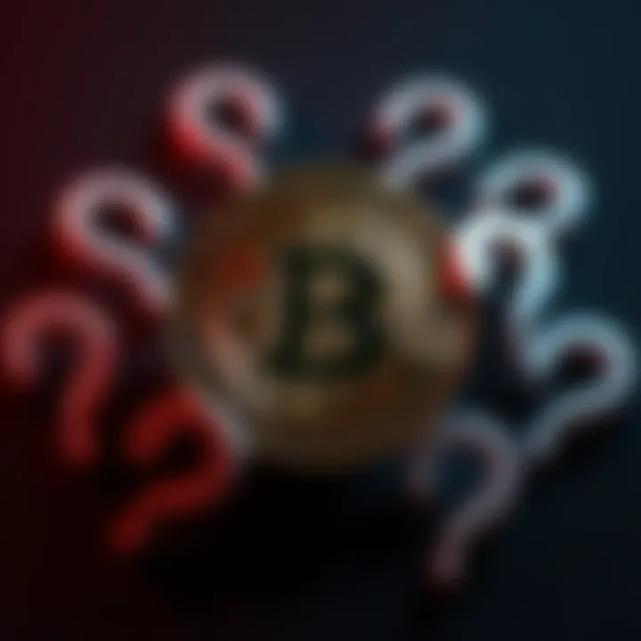 A Bitcoin symbol surrounded by question marks, representing speculation and uncertainty in cryptocurrency.
