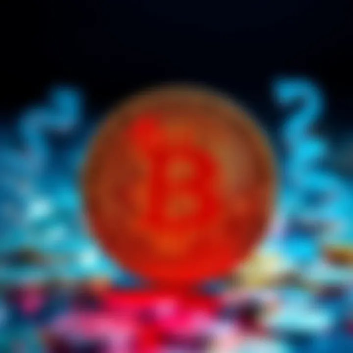 A Bitcoin symbol surrounded by dollar signs, illustrating its role as a speculative asset rather than a currency.