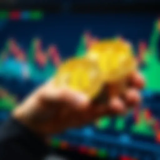 Person holding Bitcoin coins with charts in the background showing market trends