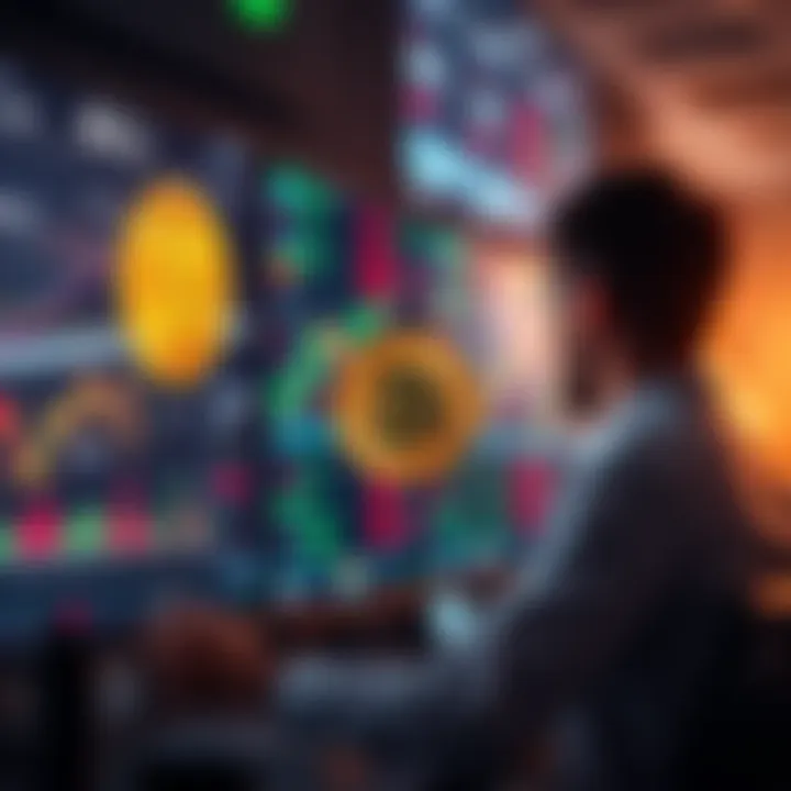 A person looking at a computer screen showing Bitcoin prices and stock exchange charts, weighing risks of storing Bitcoin on exchanges.