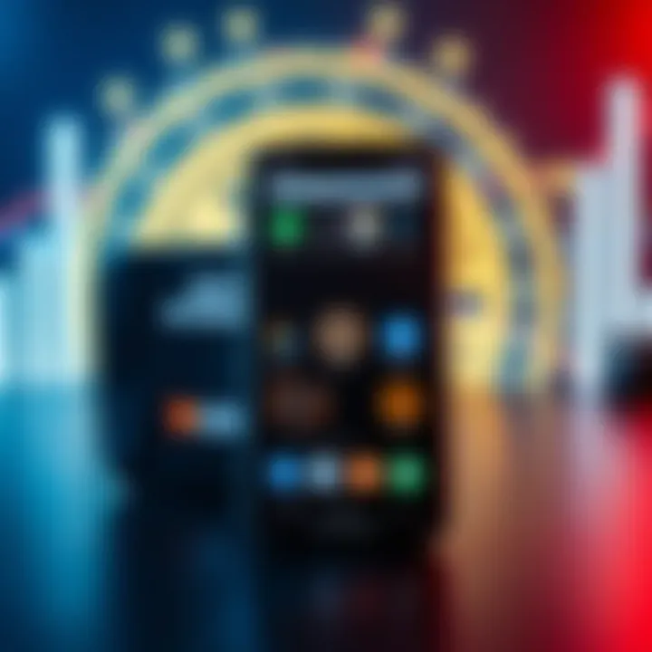 A smartphone displaying various Bitcoin wallet apps on the screen with a digital Bitcoin coin graphic in the background.