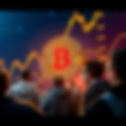 A digital chart showing Bitcoin's price rising above 105k with worried faces of people who sold their assets in the background.