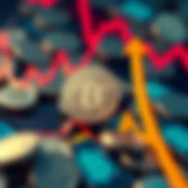 Graphic showing Bitcoin logo with a rising arrow and a background of digital currency symbols