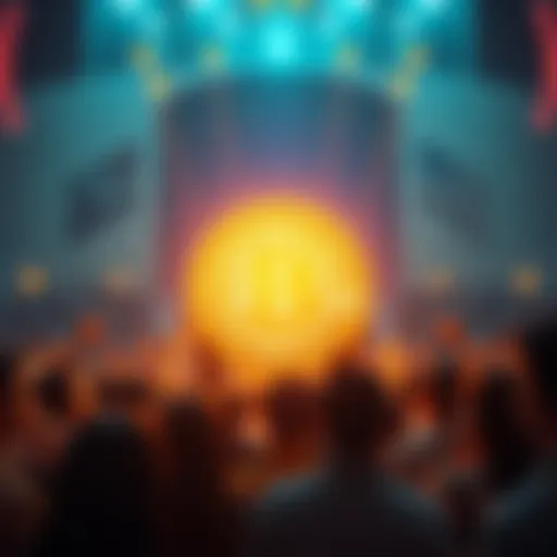A glowing Bitcoin symbol surrounded by people looking at it in awe, representing the growing following and belief in cryptocurrency.