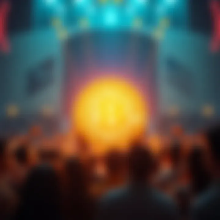 A glowing Bitcoin symbol surrounded by people looking at it in awe, representing the growing following and belief in cryptocurrency.