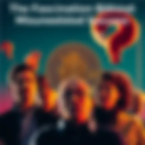 A group of people looking at a Bitcoin symbol while showing expressions of curiosity and confusion.