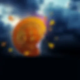 A Bitcoin symbol breaking apart, representing potential market collapse, with dark clouds in the background.