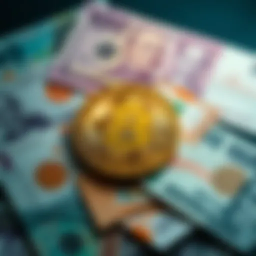 Bitcoin symbol displayed on various currency notes representing its potential as a global currency