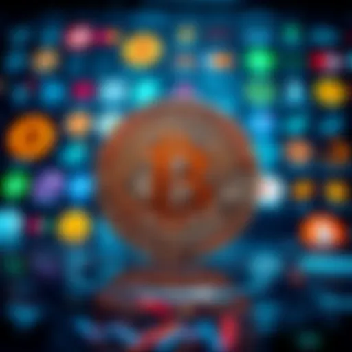 Bitcoin symbol prominently displayed with various digital currency logos in the background, representing Bitcoin's dominance in the cryptocurrency market