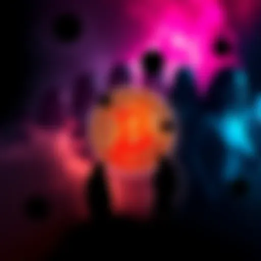 A Bitcoin symbol surrounded by shadowy figures representing different influences on cryptocurrency culture.