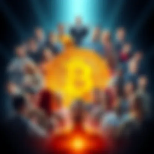 A Bitcoin symbol surrounded by diverse people representing various societal values and beliefs.
