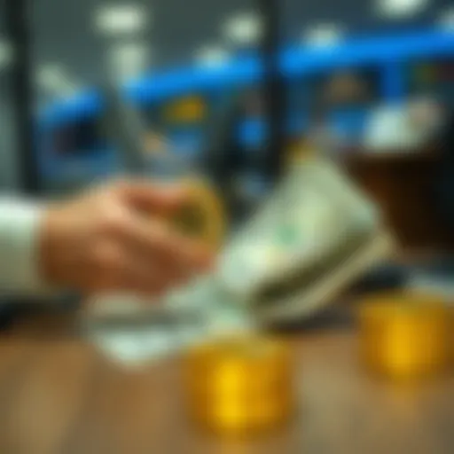 A person handing over Bitcoin for cash at a desk, showing a balance of cryptocurrency and cash exchange.