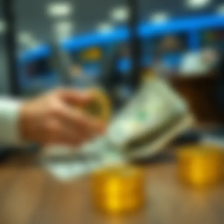 A person handing over Bitcoin for cash at a desk, showing a balance of cryptocurrency and cash exchange.