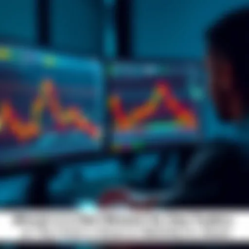 A person analyzing Bitcoin charts on a computer screen with fluctuating graphs and candlestick patterns.